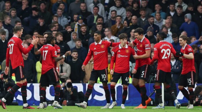 Alejandro Garnacho, Harry Maguire, Marcus Rashford, Aaron Wan-Bissaka, Marcel Sabitzer, Fred Bruno, Fernandes and Wout Weghorst with Manchester United in February 2023