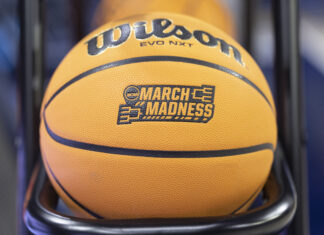 Basketball with March Madness logo during NCAA in March 2023.