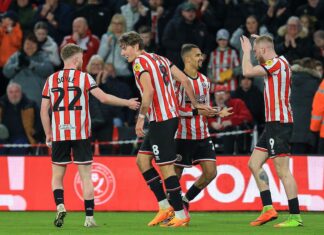 Sander Berge (8) of Sheffield United scores a goal and celebrates during the EFL Sky Bet Championship match between Sheffield United and West Bromwich Albion in April 202