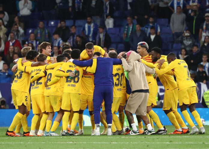 FC Barcelona players celebrations at the end of the match between RCD Espanyol and FC Barcelona in May 2023