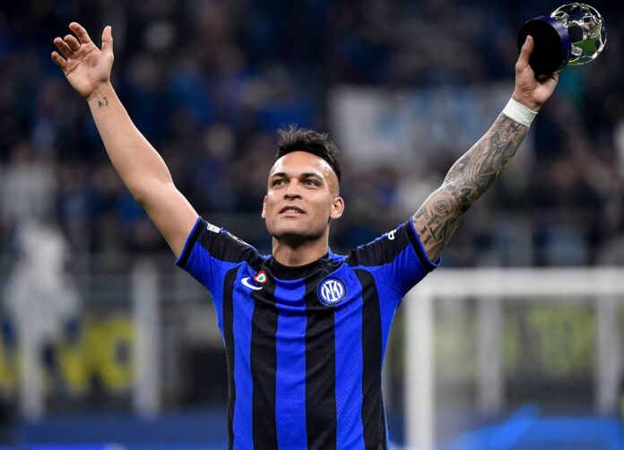 Lautaro Martinez of Fc Internazionale celebrates the victory at the end of the Uefa Champions League in May 2023