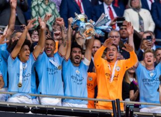 Ilkay Gundogan of Manchester City lifts The FA Cup Manchester City v Manchester United The Emirates FA Cup Final in June 2023
