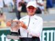 Iga Swiatek celebrates with the trophy after winning the singles title French Open in June 2023