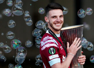 Declan Rice of West Ham United with the UEFA Europa Conference League Trophy in June 2023