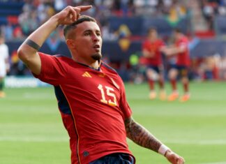Yeremy Pino (Spain) celebrates after scoring a goal in the UEFA Nations League match Semifinal - Spain vs Italy in June 2023