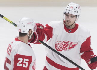 Detroit Red Wings' Mike Green (25) celebrates with teammate Filip Zadina in 2019