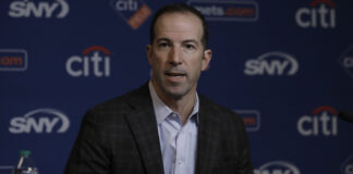 Mets general manager Billy Eppler speaks at a press conference for Japanese baseball player Kodai Senga, at Citi field in 2022