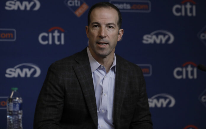 Mets general manager Billy Eppler speaks at a press conference for Japanese baseball player Kodai Senga, at Citi field in 2022