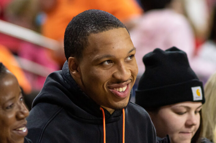 Boston Celtics player Grant Williams at at a NCAA women's basketball game in February 2023