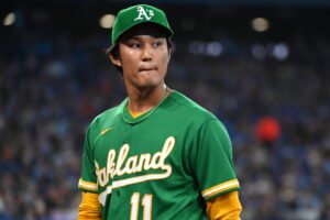 Shintaro Fujinami with the Oakland Athletics in June 2023