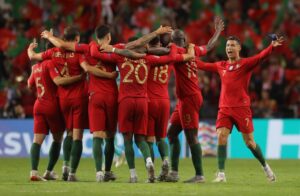 Cristiano Ronaldo of Portugal celebrates on the final whistle with his team mates. Portugal v Netherlands, UEFA Nations League Final