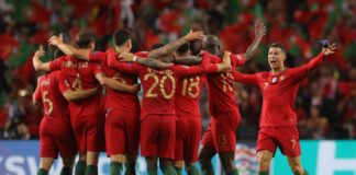 Cristiano Ronaldo of Portugal celebrates on the final whistle with his team mates. Portugal v Netherlands, UEFA Nations League Final