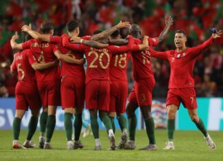 Cristiano Ronaldo of Portugal celebrates on the final whistle with his team mates. Portugal v Netherlands, UEFA Nations League Final