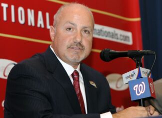 Mike Rizzo speaks after he was introduced as the Washington Nationals General Manager and Senior Vice President of Baseball Operations at Nationals Park in 2009