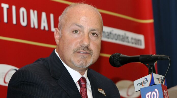 Mike Rizzo speaks after he was introduced as the Washington Nationals General Manager and Senior Vice President of Baseball Operations at Nationals Park in 2009