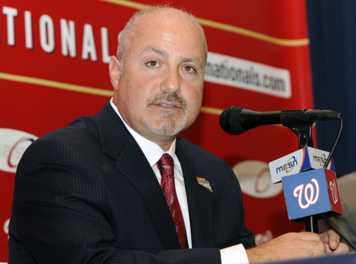 Mike Rizzo speaks after he was introduced as the Washington Nationals General Manager and Senior Vice President of Baseball Operations at Nationals Park in 2009