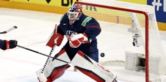Goalkeeper Casey Desmith of USA during the 2023 IIHF Ice Hockey World Championships preliminary round group A match