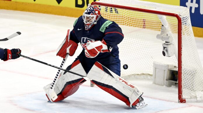 Goalkeeper Casey Desmith of USA during the 2023 IIHF Ice Hockey World Championships preliminary round group A match