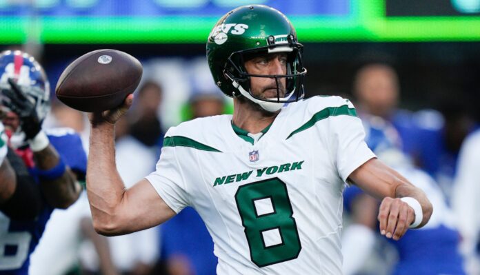 New York Jets Quarterback Aaron Rodgers in August 2023
