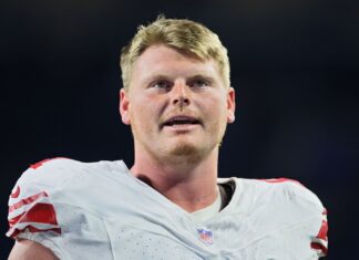 John Michael Schmitz Jr. with the New York Giants in August 2023