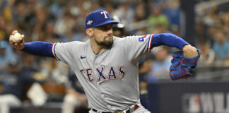 Texas Rangers starting pitcher Nathan Eovaldi in October 2023