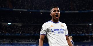 Rodrygo of Real Madrid during the UEFA Champions League Semi Final Leg Two match between Real Madrid and Manchester City in May 2022