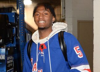Immanuel Quickley at the Pittsburgh Penguins v New York Rangers, NHL playoff game in 2022