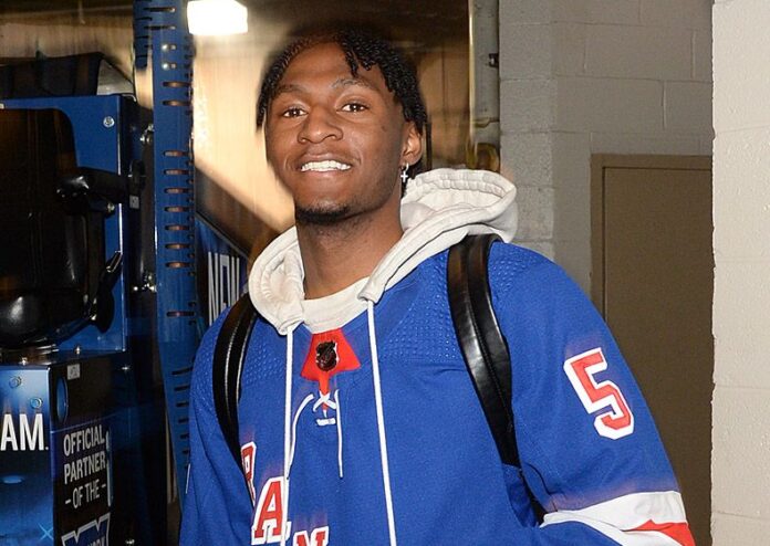 Immanuel Quickley at the Pittsburgh Penguins v New York Rangers, NHL playoff game in 2022