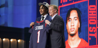 C.J. Stroud with NFL Commissioner Roger Goodell after being picked 3rd during the NFL Draft at Union Station in Kansas City, Missouri in April 2023