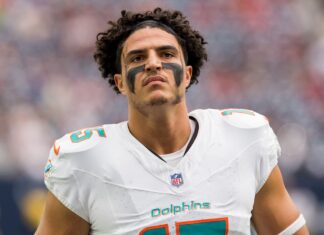 Miami Dolphins linebacker Jaelan Phillips in August 2023