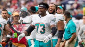 Miami Dolphins guard Austin Jackson in August 2023