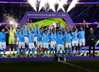 Kyle Walker right-back of Manchester City and England lifts the trophy after winning with his team the final of the FIFA Club World Cup Saudi Arabia 2023 between Manchester City and Fluminense in December 2023