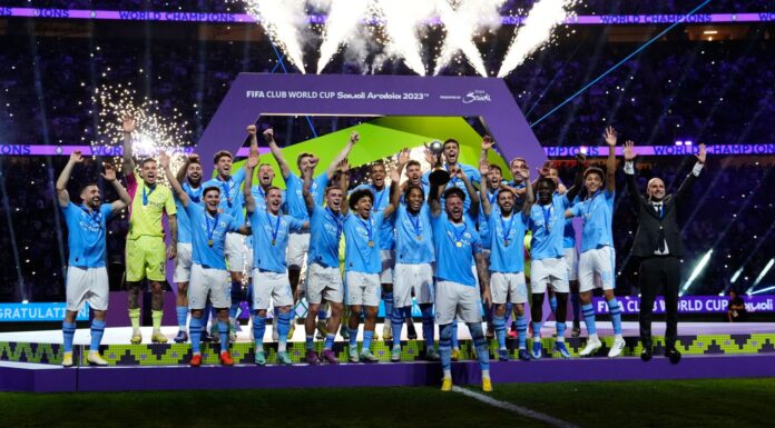 Kyle Walker right-back of Manchester City and England lifts the trophy after winning with his team the final of the FIFA Club World Cup Saudi Arabia 2023 between Manchester City and Fluminense in December 2023