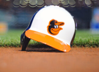 Baltimore Orioles batting helmet on the field at Orioles Park at Camden Yards