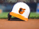Baltimore Orioles batting helmet on the field at Orioles Park at Camden Yards