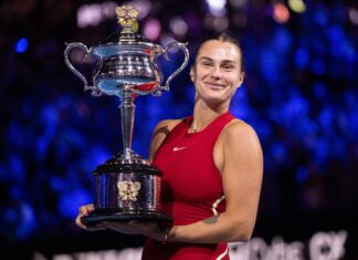 Aryna Sabalenka lifts the trophy after winning the Women's Singles Final Australian Open in January 2024