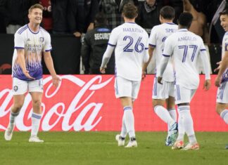 Duncan McGuire #13 celebrates with teamamtes after scoring a goal during the MLS game between Toronto FC and Orlando City SC in October 2023