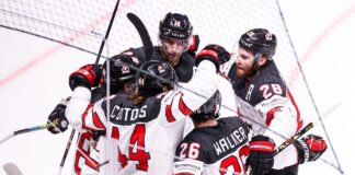 #44 Maxime Comtois (Canada) celebrates his goal for the 1:1 with #88 Andrew Mangiapane (Canada), #14 Adam Henrique (Canada), #26 Sean Walker (Canada) and #28 Connor Brown (Canada) at the 2021 IIHF Ice Hockey World Championship Final