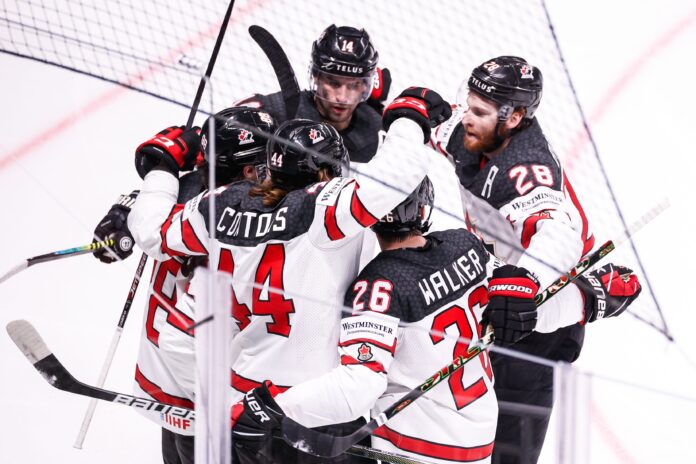 #44 Maxime Comtois (Canada) celebrates his goal for the 1:1 with #88 Andrew Mangiapane (Canada), #14 Adam Henrique (Canada), #26 Sean Walker (Canada) and #28 Connor Brown (Canada) at the 2021 IIHF Ice Hockey World Championship Final