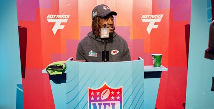 L'Jarius Sneed being interviewed by the media at Super Bowl LVII Opening Night in February 2023