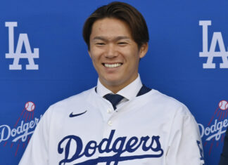 Yoshinobu Yamamoto with the Dodgers in December 2023