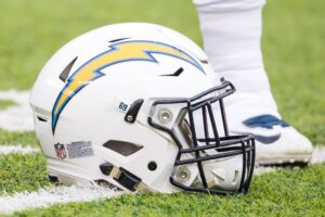 Los Angeles Chargers helmet sits on the field