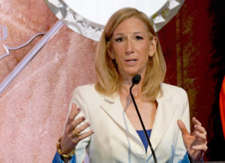 Cathy Engelbert, Commissioner of the WNBA, lights the Empire State Building in Celebration of the WNBA Draft in April 2024