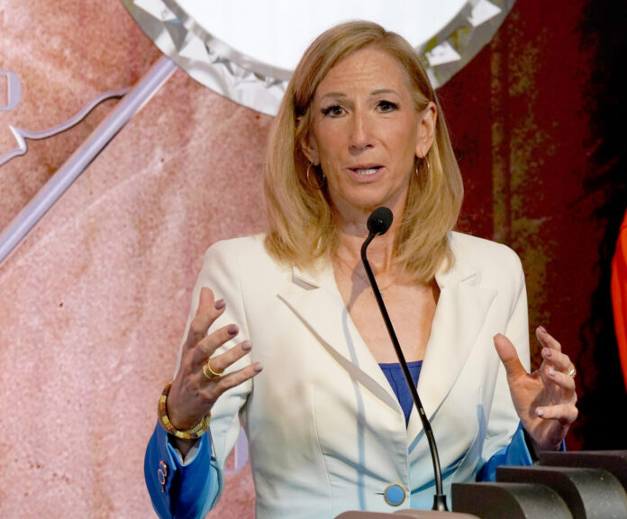 Cathy Engelbert, Commissioner of the WNBA, lights the Empire State Building in Celebration of the WNBA Draft in April 2024
