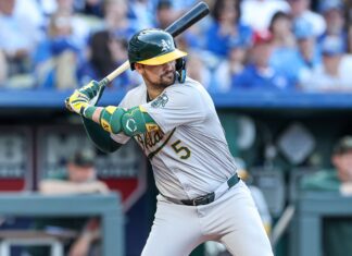 Oakland Athletics first baseman J.D. Davis in May 2024