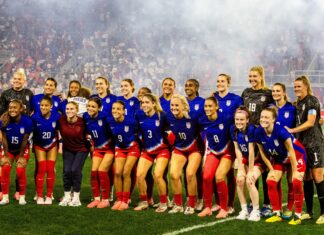 The United States Women's National Team poses during a Send-Off Celebration for the 2024 Olympics in July 2024