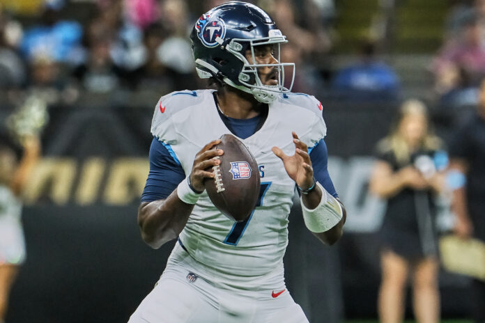 Malik Willis with the Tennessee Titans on August 25, 2024.