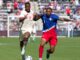 Team Canada forward Cyle Larin #9 (l) and Team USA defender Chris Richards #3 (r) during the International Men's Soccer 2024 in September 2024