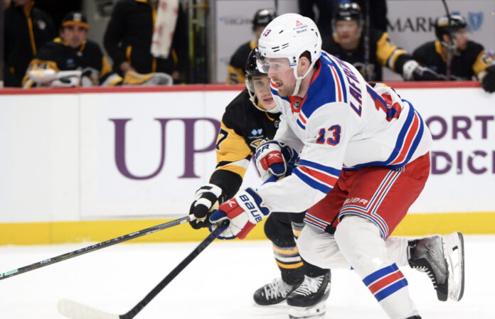 New York Rangers left wing Alexis Lafreniere (13) in November 2023