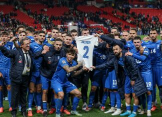 The Greek team dedicating their win to their late teammate George Baldock by raising a jersey with his name after the football game between England and Greece for the UEFA Nations League 2024/25 League B Group B2 in October 2024
